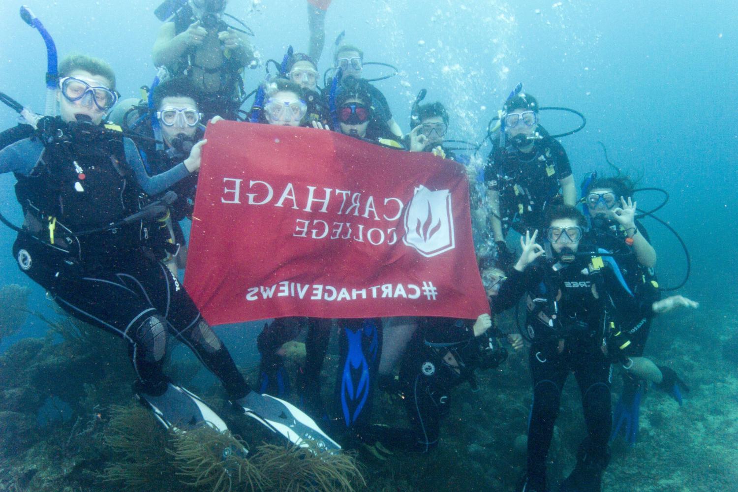 学生们手持<a href='http://ykar.scfxdg.com'>博彩网址大全</a>旗帜，在j学期洪都拉斯游学之旅中潜水.